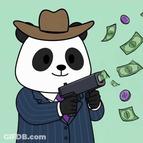 A Panda Bear In A Cowboy Hat Is Holding A Gun And Money Is Falling From The Sky GIF