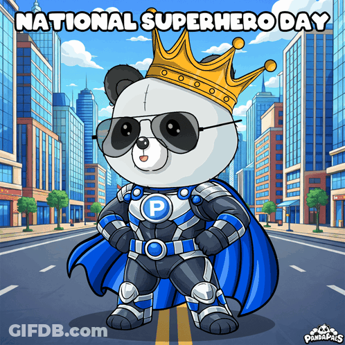 A Panda Bear In A Superhero Costume With The Words National Superhero Day GIF