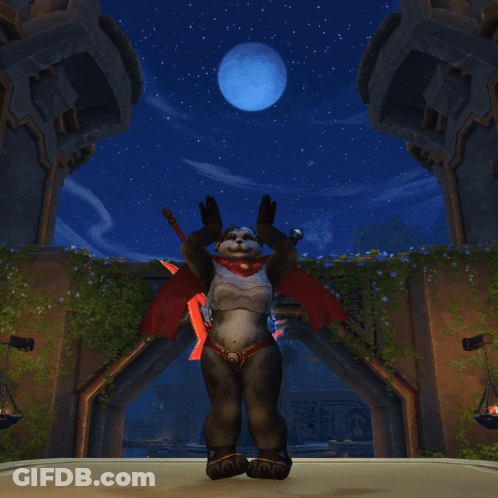 A Panda Bear In A Video Game Is Standing In Front Of A Full Moon GIF