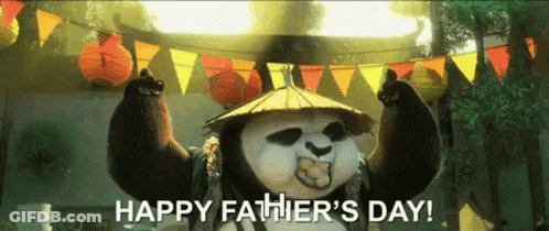 A Panda Bear Is Celebrating Father 'S Day With His Arms In The Air . GIF