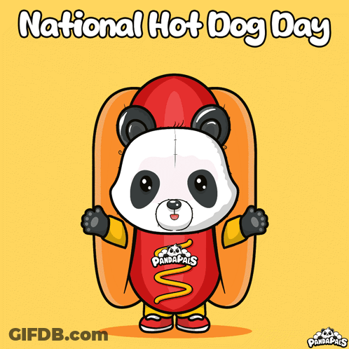 A Panda Bear Is Dressed Up As A Hot Dog And Says National Hot Dog Day GIF