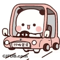 A Panda Bear Is Driving A Pink Mini Cooper Car . GIF