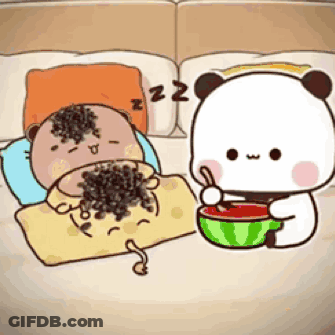 A Panda Bear Is Eating A Bowl Of Watermelon While Another Panda Bear Is Sleeping On A Bed . GIF