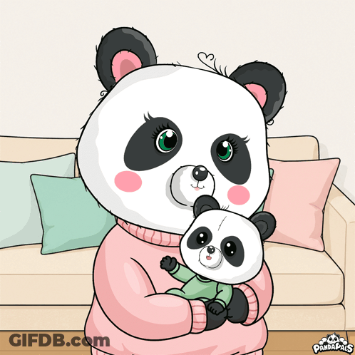 A Panda Bear Is Holding A Baby Panda Bear In Her Arms GIF