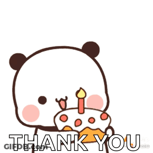 A Panda Bear Is Holding A Cake With A Candle In Its Mouth And The Words Thank You Written Below It GIF