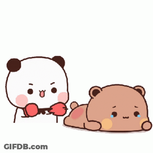 A Panda Bear Is Holding A Pair Of Boxing Gloves Next To A Bear That Is Crying . GIF