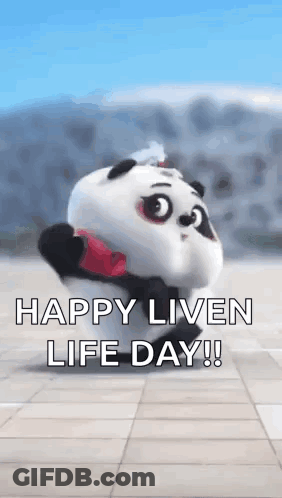 A Panda Bear Is Holding A Red Heart And Saying Happy Liven Life Day . GIF