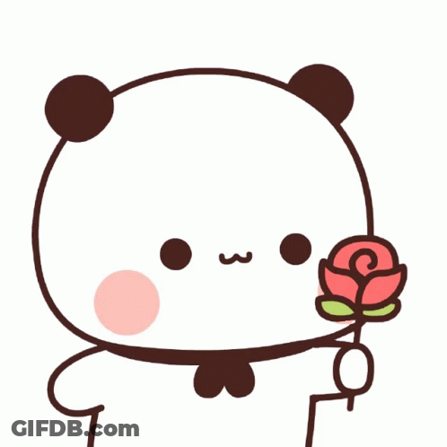 A Panda Bear Is Holding A Rose In Its Hand GIF
