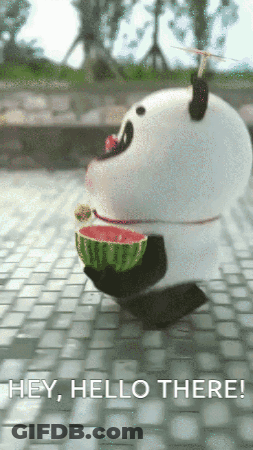 A Panda Bear Is Holding A Slice Of Watermelon In Its Mouth GIF