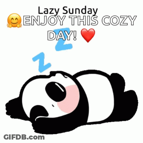 A Panda Bear Is Laying Down With The Words " Lazy Sunday Enjoy This Cozy Day " GIF