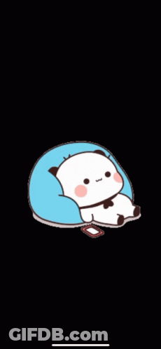 A Panda Bear Is Laying On A Blue Pillow On A Black Background . GIF