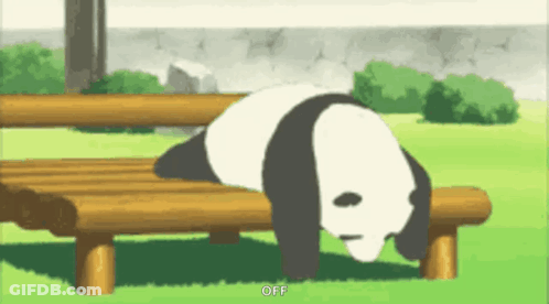 A Panda Bear Is Laying On Its Back On A Wooden Bench In A Park . GIF