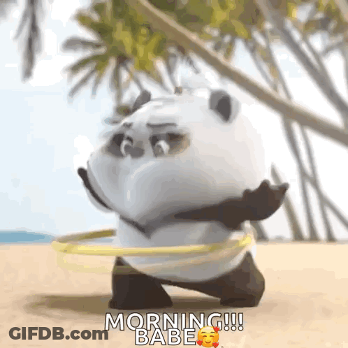 A Panda Bear Is Playing With A Hula Hoop On The Beach And Says Morning Babe . GIF