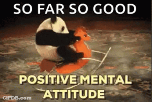 A Panda Bear Is Riding A Rocking Horse With The Caption `` So Far So Good Positive Mental Attitude '' . GIF