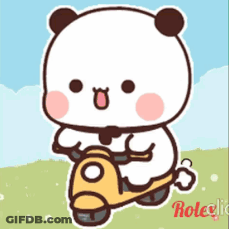 A Panda Bear Is Riding A Yellow Scooter On A Grassy Field . GIF