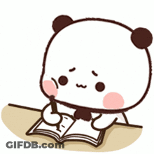 A Panda Bear Is Sitting At A Table Reading A Book And Writing In A Notebook . GIF
