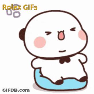 A Panda Bear Is Sitting On A Blue Pillow With The Words Rolex Gifs Behind It GIF
