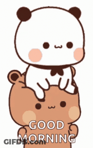 A Panda Bear Is Sitting On Top Of A Brown Bear And Says `` Good Morning '' . GIF