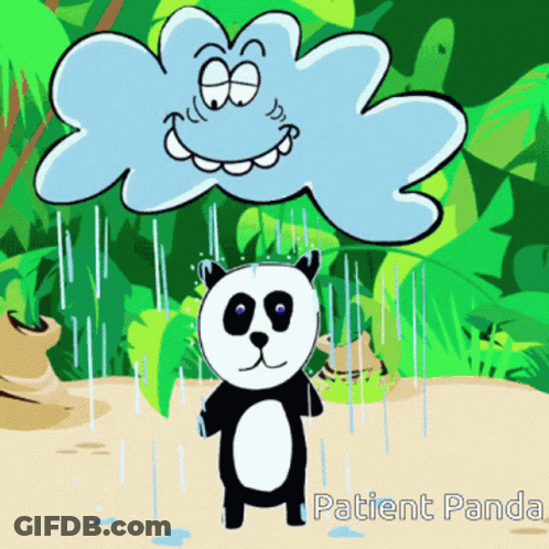 A Panda Bear Is Standing In The Rain With A Smiling Cloud Above Him GIF