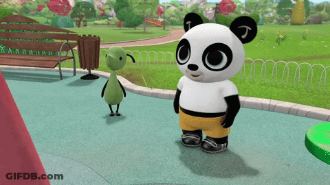 A Panda Bear Is Standing Next To A Green Frog GIF