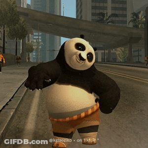 A Panda Bear Is Walking Down A Street With A Caption That Says " Kelsoziko On Tiktok " GIF
