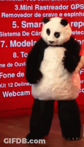 A Panda Bear Mascot Stands In Front Of A Red Sign That Says Mini Rastreador Gps Removedor De Cravo E Espinha GIF