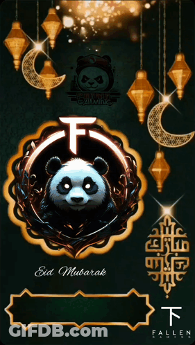 A Panda Bear Surrounded By Lanterns And The Words Eid Mubarak On The Bottom GIF