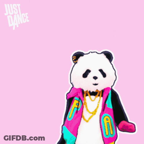 A Panda Bear Wearing A Colorful Jacket And A Necklace Is Dancing In Front Of A Just Dance Sign GIF