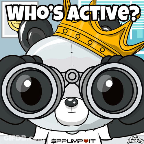 A Panda Bear Wearing A Crown And Binoculars With The Words Who 'S Active Below It GIF