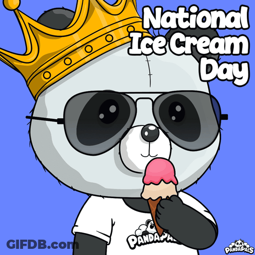 A Panda Bear Wearing A Crown And Sunglasses Is Eating An Ice Cream Cone GIF