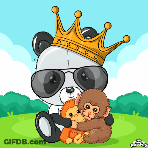 A Panda Bear Wearing A Crown And Sunglasses Is Hugging Two Stuffed Monkeys GIF