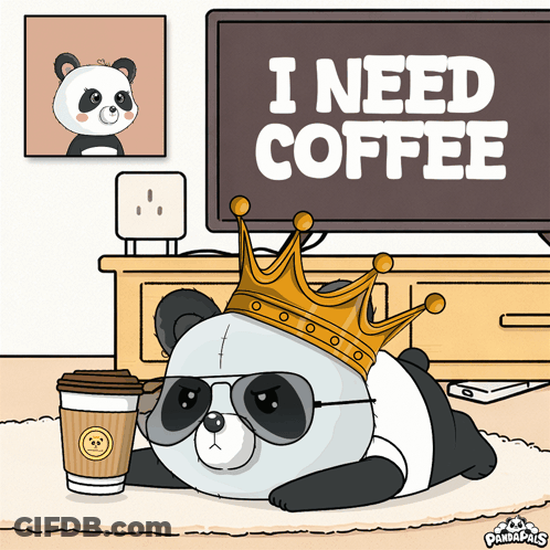 A Panda Bear Wearing A Crown And Sunglasses Is Laying On The Floor With A Cup Of Coffee GIF