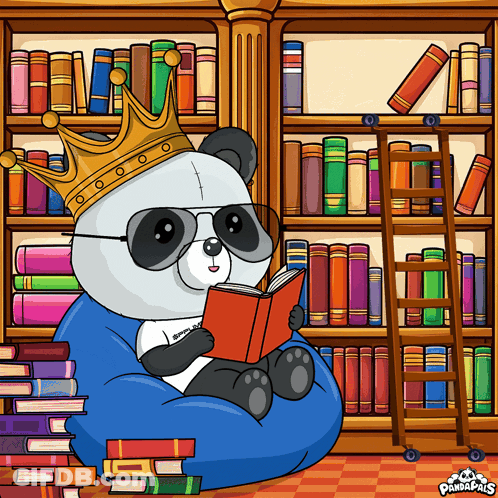 A Panda Bear Wearing A Crown And Sunglasses Is Reading A Book GIF