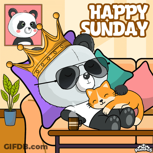 A Panda Bear Wearing A Crown And Sunglasses Laying On A Couch With A Cat GIF