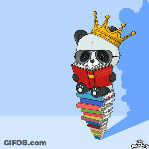 A Panda Bear Wearing A Crown Is Reading A Book Called The Adventures Of A Panda GIF