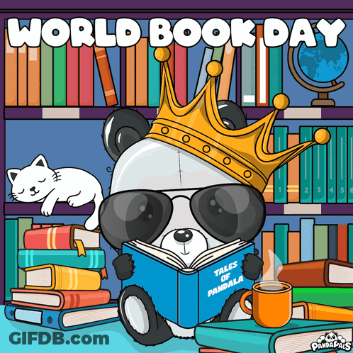 A Panda Bear Wearing A Crown Is Reading Tales Of Pandalala GIF