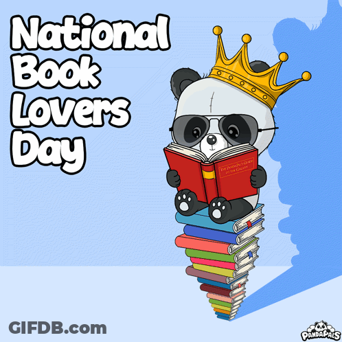 A Panda Bear Wearing A Crown Is Sitting On A Pile Of Books For National Book Lovers Day GIF