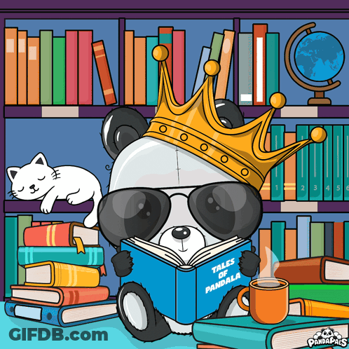 A Panda Bear Wearing A Crown Reads Tales Of Pandala GIF