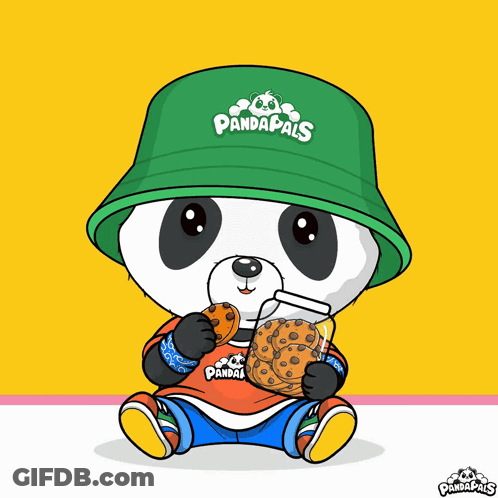 A Panda Bear Wearing A Green Hat And A Pandapals Shirt Eating Cookies GIF