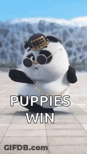 A Panda Bear Wearing A Hat And Sunglasses Is Dancing On A Sidewalk . GIF