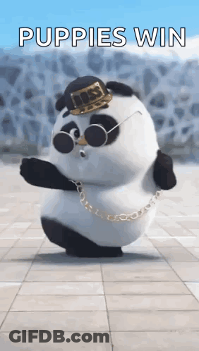 A Panda Bear Wearing A Hat , Sunglasses , And A Chain Is Dancing On A Sidewalk . GIF