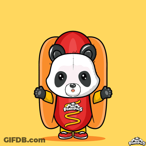 A Panda Bear Wearing A Hot Dog Costume With Pandapaws Written On The Shirt GIF