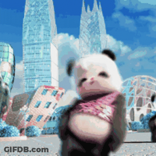 A Panda Bear Wearing A Pink Scarf Is Standing In Front Of A City Skyline GIF