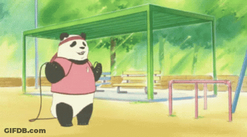 A Panda Bear Wearing A Pink Shirt And A Pink Headband Is Jumping Rope GIF