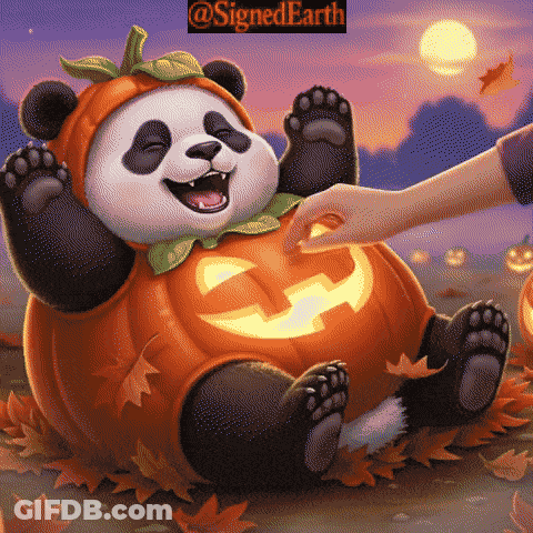 A Panda Bear Wearing A Pumpkin Costume Is Being Touched By Someone GIF