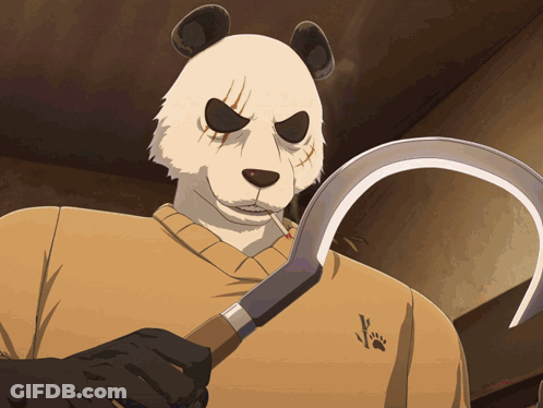 A Panda Bear Wearing A Sweater Holds A Sickle In His Hand GIF