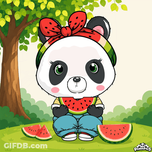 A Panda Bear Wearing A Watermelon Headband Is Eating Watermelon Slices GIF