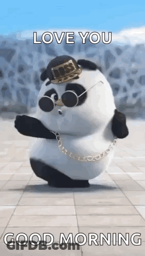 A Panda Bear Wearing Sunglasses , A Hat And A Chain Is Dancing On A Sidewalk . GIF