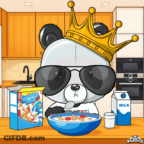 A Panda Bear Wearing Sunglasses And A Crown Eating Cereal GIF