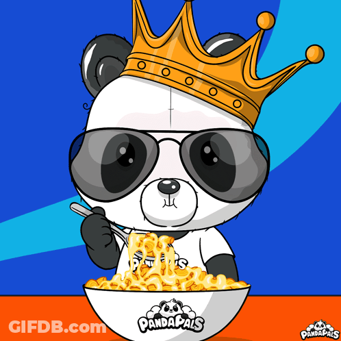 A Panda Bear Wearing Sunglasses And A Crown Is Eating Cereal GIF